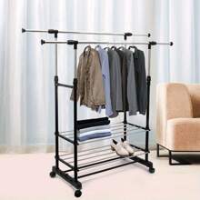 Clothes Rail Adjustable Garment Rack Telescopic Coat Rack Hanging Rail Clothes Stand With Shoe Shelf And Casters Clothing Rack For Small Place Organiser Shelf Bedroom Clothing Rack - Double Rail - Adjustable Length - View 1