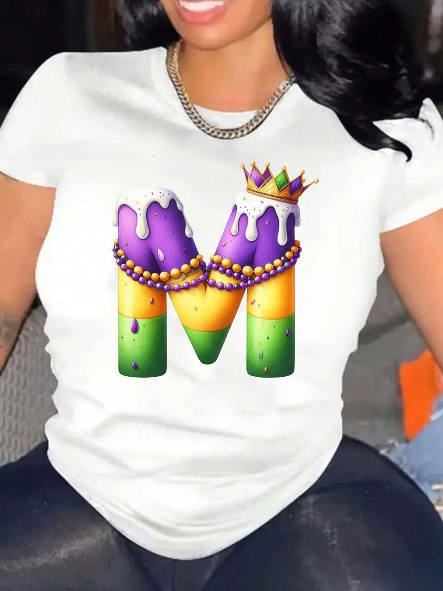 Mardi Gras Alphabet M Print Shirt, Mardi Gras Clothing, Mardi Gras T-Shirt Unisex- Vibrant Feather Mask Design, Women's T-Shirt With Creative Easter Print, Breathable Soft Casual Round Neck Short Sleeves, Mardi Gras Shirt Disco Ball Bow Gift For Mardi Gras Carnival New Orleans Shirt For Fat Tuesday Gift - 白色 - 查看 1