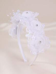 1pc Girls White Lace Flower Pearl Rhinestone Headband - White - View 16