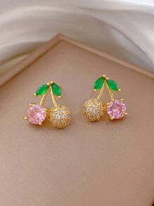 1条项链，1对耳环，轻奢樱桃粉色水钻清新简约微镶锆项链耳环，锁骨链，毛衣链，配饰套装 - 金色 - 查看 4