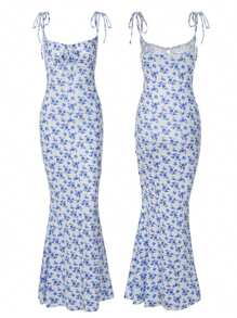 Women's Spaghetti Strap Dresses Drawstring Design Floral Print Slim Fit Long Bodycon Dresses Perfect For Summer Spring - Blue - View 2