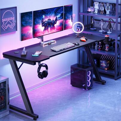 Bureau de jeu ergonomique de 180 cm avec rangement pour câbles, porte-gobelet et support pour casque en forme de T (noir, 180 x 70 x 75 cm)