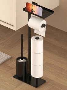 1 pieza Soporte de pie para cepillo de inodoro, Estantería de almacenamiento multifuncional para vehículo recreativo, Portarollos de papel higiénico vertical con estantería de almacenamiento, Estantería de almacenamiento de papel de cocina sin perforación para baño, Estantería de limpieza del piso desmontable con soporte para rollo de papel higiénico