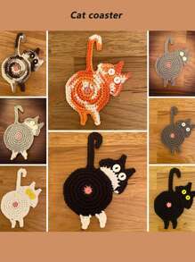 1 Knitted Cat Coaster, Creative Cute Cat Butt Coaster, Home Dining Table, Office Desk Coaster, Insulation Mat, Coffee Cup, Tea Cup, Water Cup Mat, Dining Mat, Home Decoration Mat