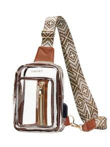 迷你 PU 斜挎包 女士透明胸包 USB 大容量 PVC 腰包 轻便复古 透明沙滩包 斜挎包 西式包 - 棕色 - 查看 11