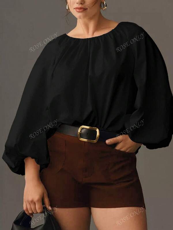 Hauts élégants amples pour femmes, col rond, couleur unie, manches bouffantes longues, mode lâche. Chemise d'usage quotidien pour le printemps et l'automne, blanc pour la Saint-Valentin, bouton dans le dos