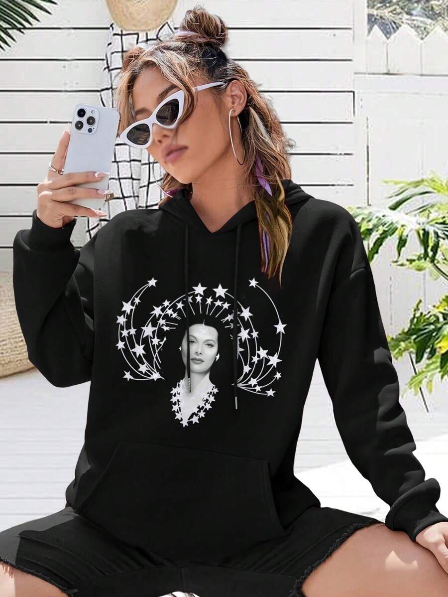 Women's Star Jacket Stylish  Star Print Outerwear - Negro - Ver 1