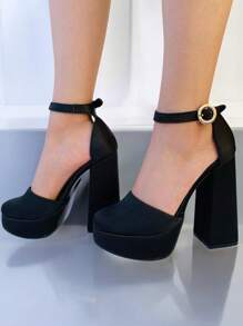 Zapatillas altas para mujer, tacón alto ancho, cerradas, con correa tobillo, punta redonda, para eventos, fiestas, bodas, cómodas, hebilla redonda. Primavera-Verano - Negro - Ver 5