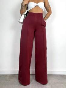 Women's Skinny Pants, High Waist, Wide Leg, Sophisticated, Blogger, Elegant - 酒紅色 - 查看 3