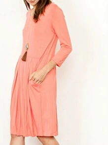 Boho Retro Rayon Cool Soft Summer Cuff Short Sleeve Crew Neck T Shirt Mini Dress Tunic With Pockets - 藕粉色 - 查看 2