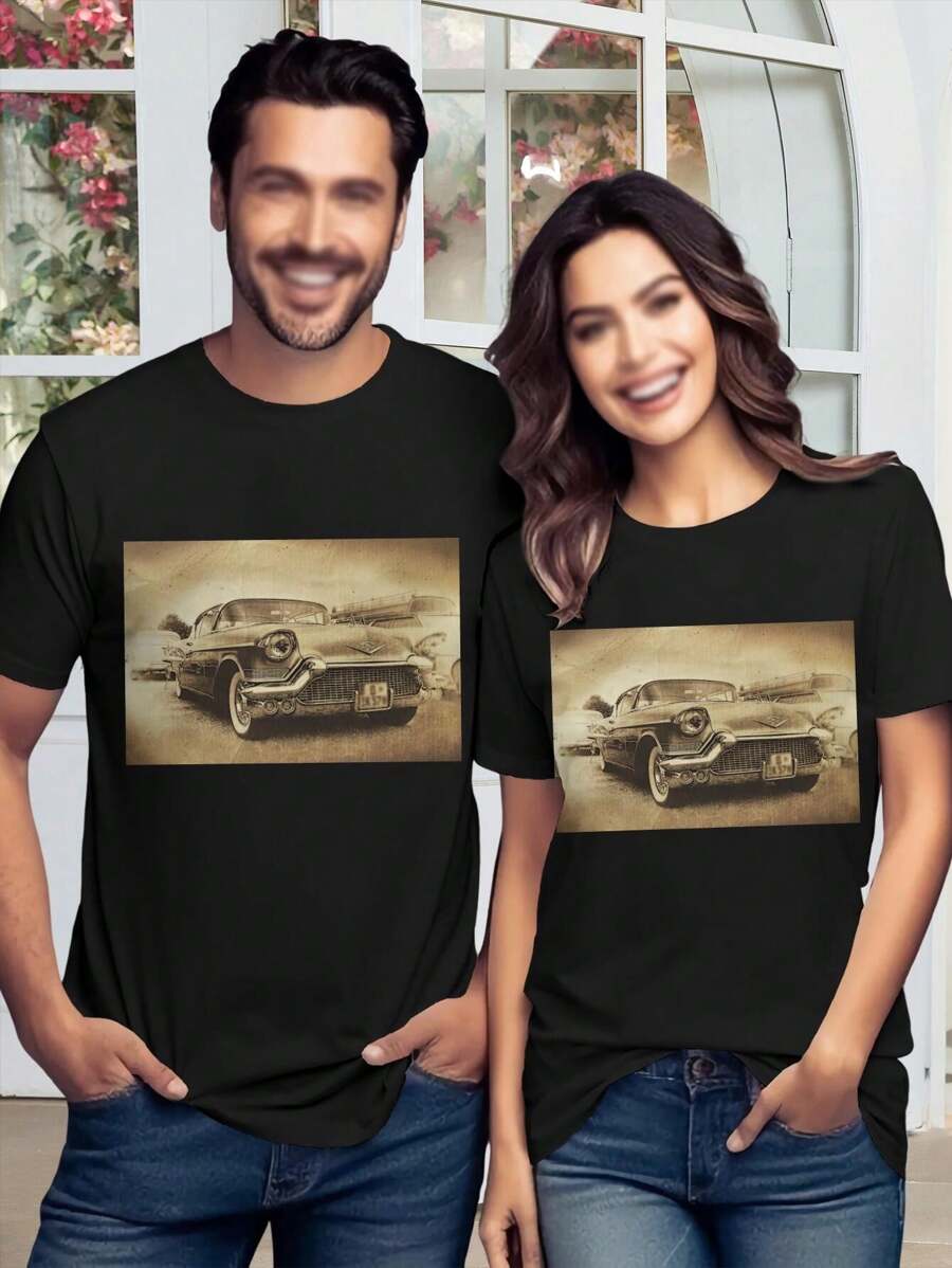 Lovers' Vintage Cadillac T-Shirts Women's Retro Tee Shirts Couple T-Shirts 50s Style Shirts - Black - View 1