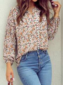 Printed Puff Sleeve Button Decor Round Neck Ruffle Hem Blouse, Women Autumn Clothing - Orange - View 4