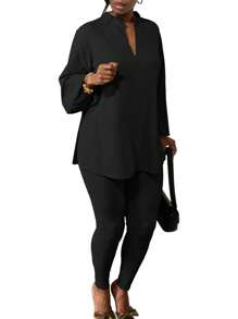 Women's Plus Size Tracksuits Outfits Solid Color V-Neck Long Sleeve Slit Hem Tops With Leggings 2 Pcs Set - Black - View 2