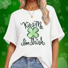 St. Patrick's Day Cartoon Clover Letter Printed Short Sleeve Breathable Running T-Shirt Large Round Neck T-Shirt Women's Top