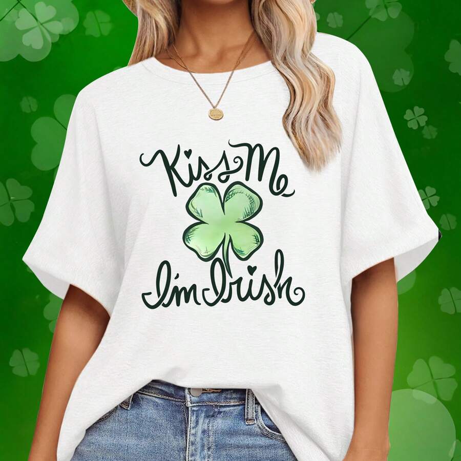 St. Patrick's Day Cartoon Clover Letter Printed Short Sleeve Breathable Running T-Shirt Large Round Neck T-Shirt Women's Top