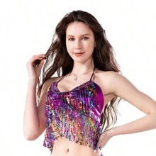 Sparkly Sleeveless Crop Top For Halloween, Belly Dance, Stage Performance, Party - Multicolor - View 22