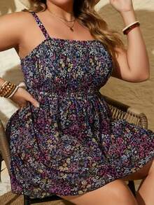 New Plus Size Women Printed Mesh Tankini Swimwear - Black Flower - View 4