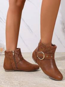 优雅百搭通勤新款秋冬时尚舒适女靴，棕色菱形缝线，不对称条纹扣铆钉侧拉链平底圆头