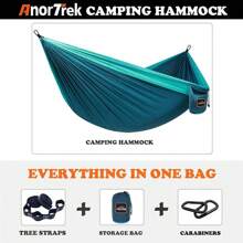 AnorTrek Hamaca de camping, súper ligera y portátil de paracaídas con dos correas para árbol, individual o doble de nailon de viaje para camping, mochilero y senderismo - Gris&Rosa - Ver 5