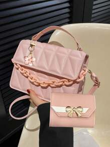 2024 New Fashion Shoulder Diagonal Simple Diamond Grid Popular Handbag With Detachable Strap - Pink - View 5