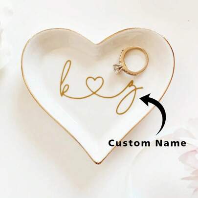 1pc Personalized Creative Heart-Shaped Ceramic Ring Dish, Jewelry Organizer Tray, Proposal/Wedding Ring Holder, Valentine's Day Gift