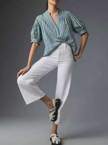 Womens Summer Pleated V Neck T Shirts Short Sleeve Casual Loose Blouses Striped Tunics Swing Top - 藍色 - 查看 2