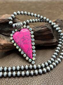 1buc la modă Retro Western Country Style Pink Stone CCB Cu margele În formă de inimă Colier pandantiv, Stil 7 straturi cu margele, potrivit pentru femei și fete pentru a se potrivi cu ținuta de zi cu zi, accesorii de petrecere, bijuterii, cadou pentru familie/prieteni/dvs.
