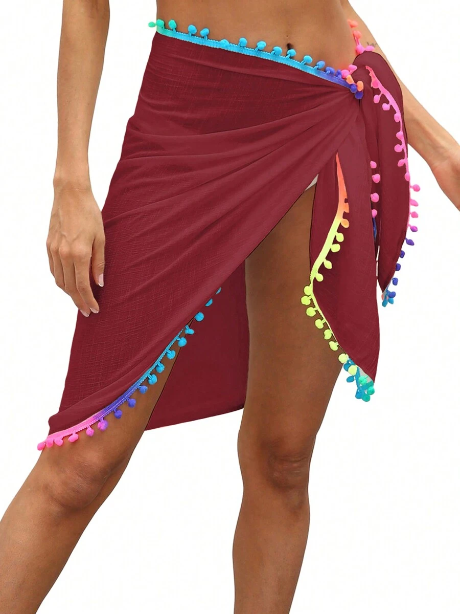 Women's Beach Sarong Coverups Short Bathing Suit Wrap Skirt Beach Wrap Swimsuit Cover Ups With Colorful Tassel - Đỏ sẫm - Xem 1