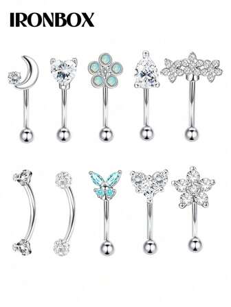 IRONBOX 1 PIEZA Aros de acero de 16G para Rook y Daith de mujer, Anillos de 6mm para ceja, incrustados con CZ, ópal, turquesa, anillos para el ombligo, labio, cartílago y trago, joyas para perforaciones