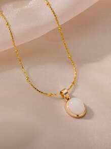 1 件椭圆形蛋白石吊坠项链女士精致粉色、蓝色、绿色天然宝石吊坠 18K 镀金不锈钢可调节项链女士珠宝时尚配饰 - 金黃色 - 查看 3