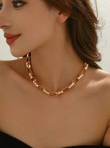 1pc European & American Hip Hop Punk Style Geometric Square Textured Metal Chain Necklace - Yellow Gold - View 5