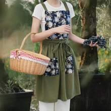 Vintage Pinafore Apron Dress Women With Pockets Cute Floral Chef Aprons Kitchen Cooking Baking Gardening - 甜瓜黃 - 查看 11