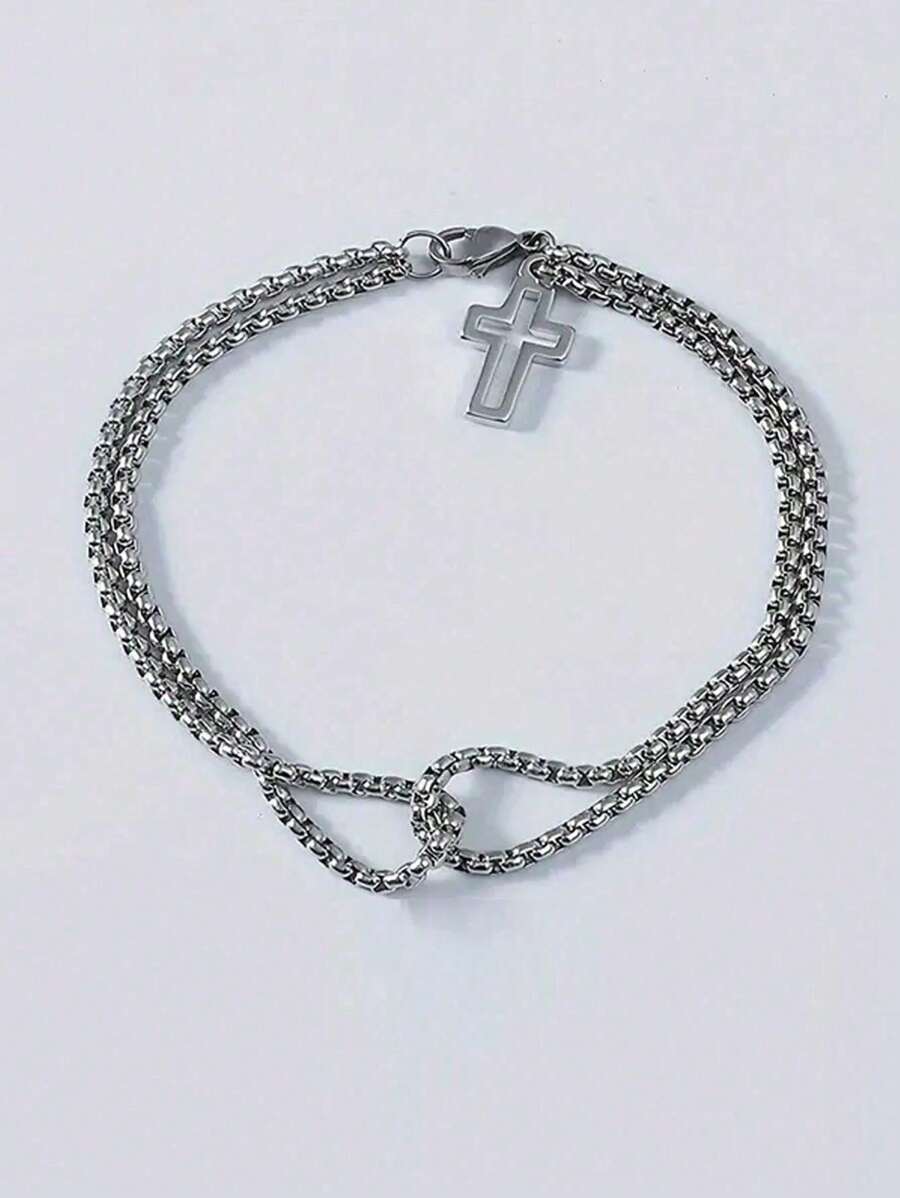 1 件钛钢空心十字双链手链，男士个性化多层手链，适合日常、旅行、度假佩戴 - 銀色 - 查看 1