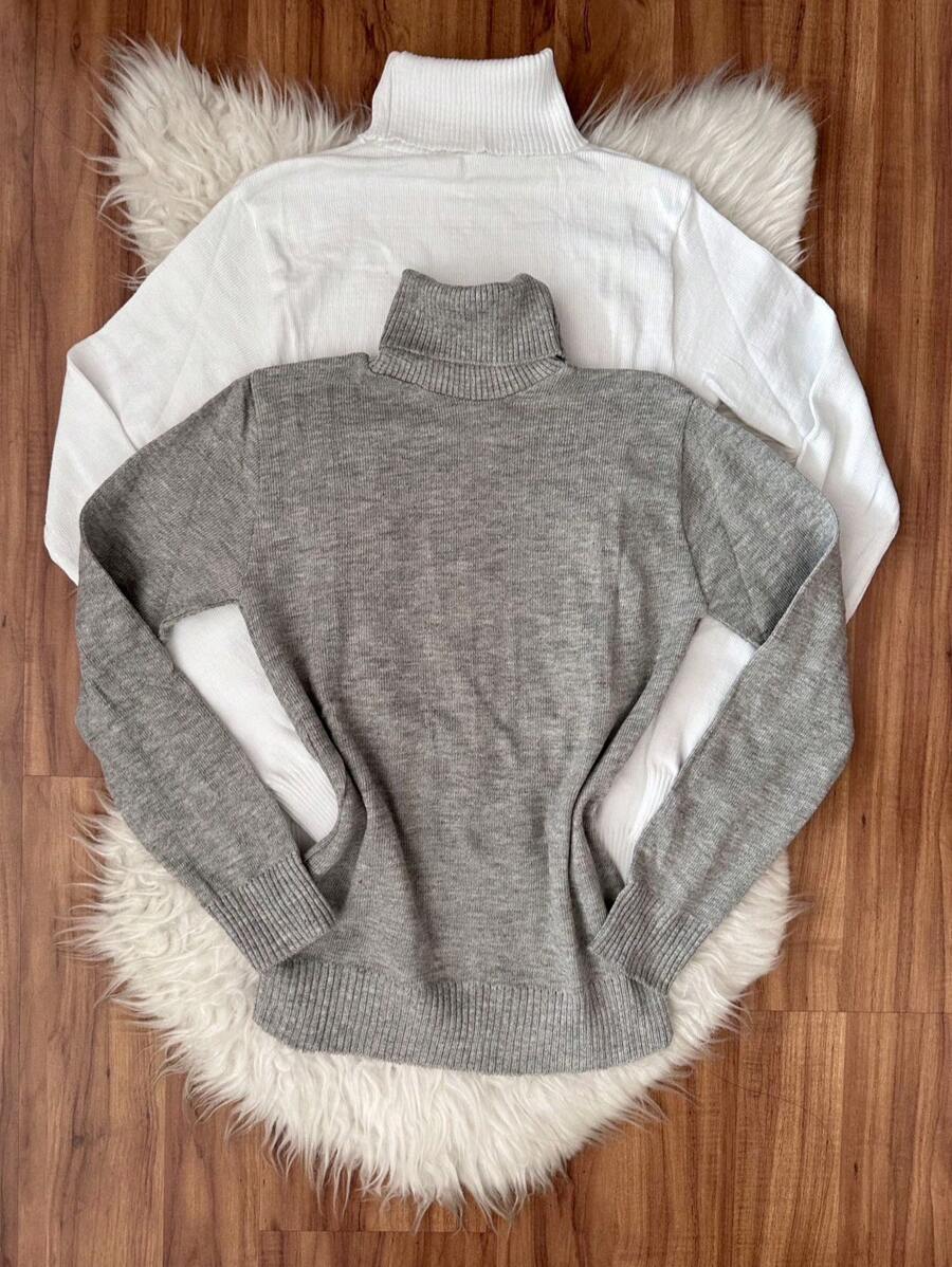 Kit2 Women's High Neck Blouse Long Sleeve Basic Knitted Cacharreu Plain Sueter - Branco cinza - 查看 1