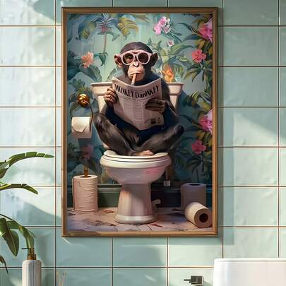 可爱的猴子在马桶上读报纸（可选画框）帆布墙画，非常适合现代客厅、卧室、浴室装饰和礼品，艺术装饰风格，现代风格，极简主义风格，动物主题，秋季，春季