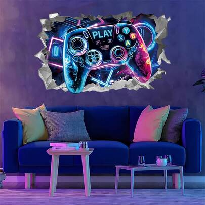 mama look 1 件 3D 游戏控制器墙贴 - 几何发光空间主题，自粘 PVC，经典风格，半哑光饰面，多表面应用，一次性使用，矩形，适用于卧室和游戏室装饰家居装饰墙壁装饰浴室装饰卧室装饰房间装饰用品客厅装饰家居装饰客厅墙纸贴纸个性化贴纸学校装饰学校惊喜宿舍装饰返校