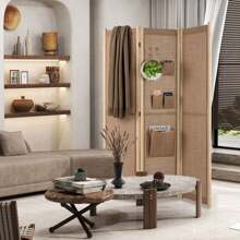 3-Panel Faux Linen Room Divider Folding Privacy Screen-Natural - Khaki - View 6