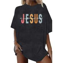 Christian Shirts For Women Oversized Jesus Shirt Faith Graphic Religious Sayings Tee Shirt Drop Shoulder Tops - Black - View 1