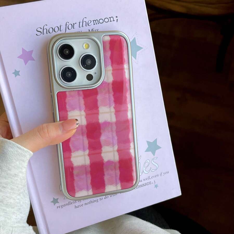 Ốp lưng điện thoại kẻ sọc hồng viền bạc lấp lánh tương thích với Apple IPhone 16 Pro Max / 15 Pro Max / 14 Pro / 13 - Hồng - Xem 1