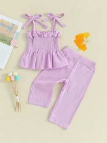 Toddler Baby Girl Summer Clothes Cotton Linen Sleeveless Ruffle Smocked Strap Top Lace Pants 2Pcs Outfit - Purple - View 1