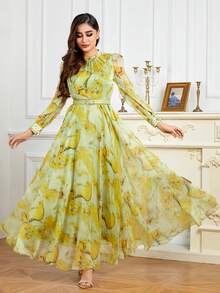 女式立领随机花卉印花，珍珠饰边袖口，系腰带优雅长袖连衣裙，奶油黄色 - 黃色 - 查看 4