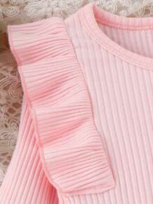 Toddler Girls Autumn Outfit Sets Pink Long Sleeve Ruffle Ribbed Tops + A-Line Plaid Skirt With Belt - 粉色 - 查看 7