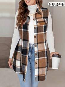 大码女式格子印花仿口袋休闲背心夹克