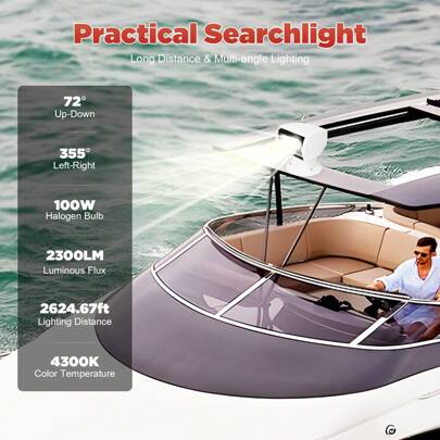 Rainaut Spotlight Marine Spot Light Boat Searchlight Remote Control 12V 100W White Waterproof Spotlight 360 Degree Rotate Omnibearing Lighting For Boat Truck Car Marine (White)