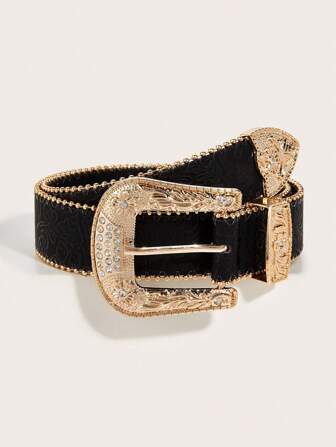 1 pieza Cinturón de mujer con hebilla de cuentas con estilo de vaquera occidental grabado, de uso diario, para verano, escuela, otoño, Halloween