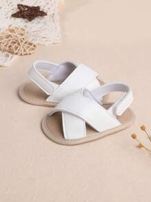 1 Pair Boys' Solid Color Criss-Cross PU Hook And Loop Flat Design Casual Sandals, Suitable For Indoor, Summer - White - View 5