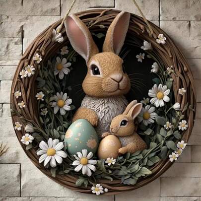 Wooden Hanging Easter Bunny Sign - Boho Style Bunny And Egg Design Wall Art With Daisy Wreath, Farmhouse Home Decor For Front Door, Porch, Living Room, Bedroom - Indoor/Outdoor Spring Decoration, Bunny Accessories