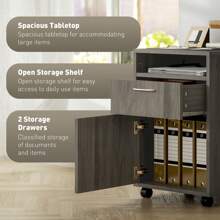 HOMCOM 60cm Filing Cabinet With Drawer, Open Shelf, Metal Handles And 4 Wheels, Office Home Organiser Mobile Printer, Grey - Grey - View 4