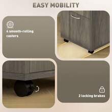 HOMCOM 60cm Filing Cabinet With Drawer, Open Shelf, Metal Handles And 4 Wheels, Office Home Organiser Mobile Printer, Grey - Grey - View 6
