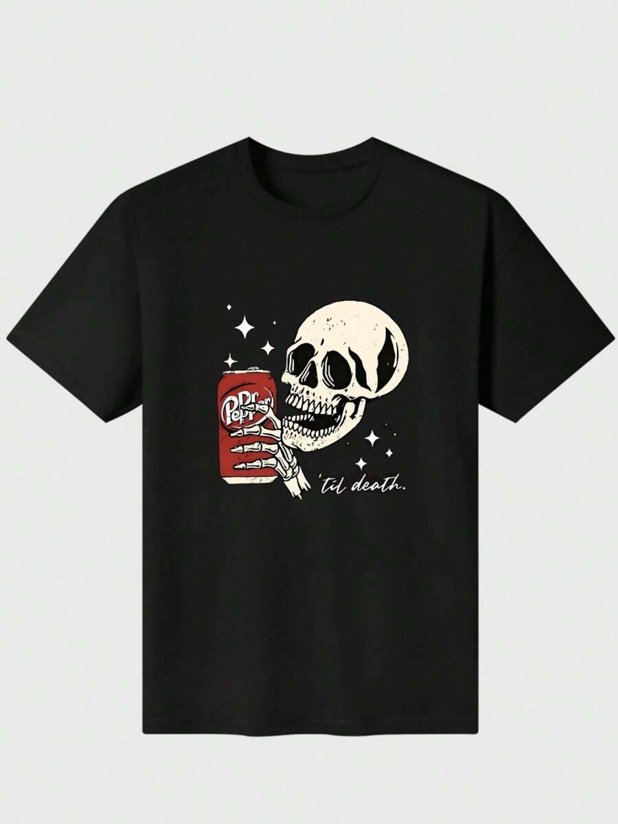 Camisetas Dr. Pepper, camisetas de calaveras, camiseta casual de algodón 100 % puro de 220 g con estampado digital - Negro - Ver 1